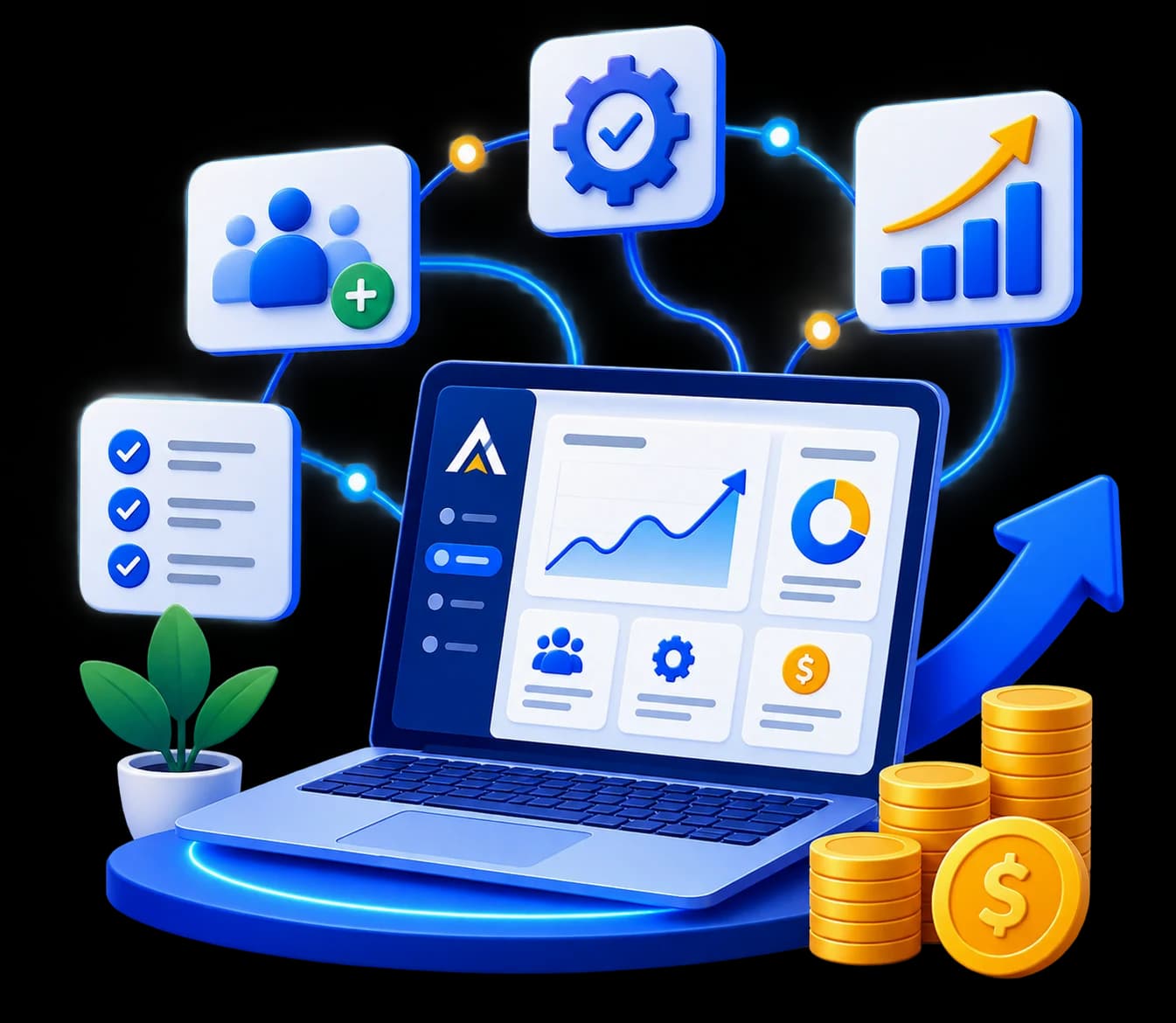 Illustration of connected business systems for marketing, operations, and revenue growth